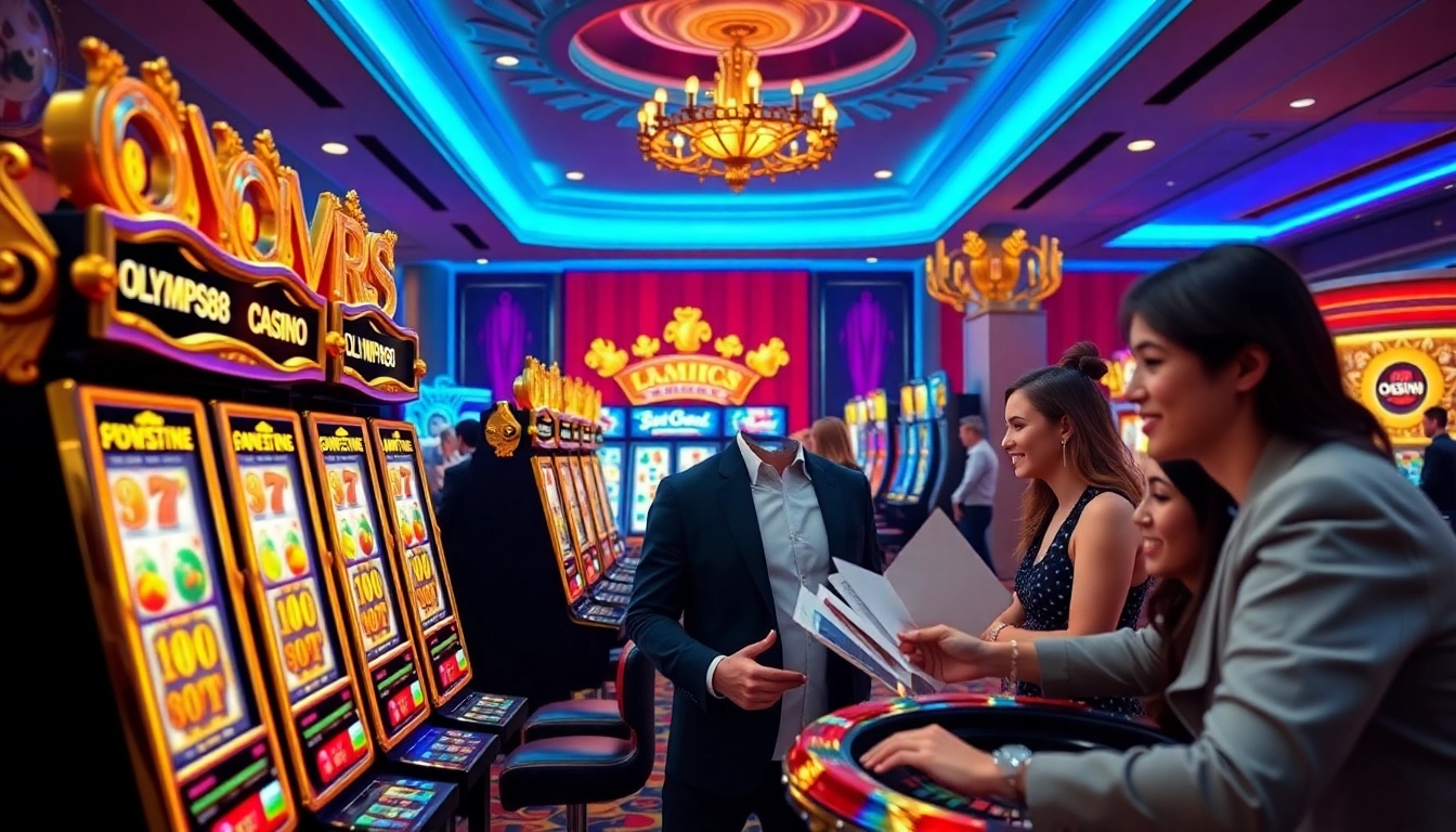 Engaged players enjoying OLYMPUS88 slot machines in a vibrant online casino atmosphere.