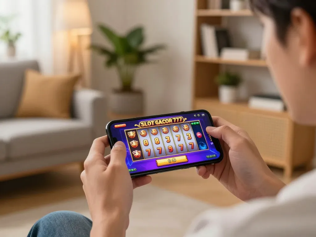 SLOT GACOR 777 game interface displayed on a smartphone during a cozy online gaming session, showcasing vibrant graphics and home atmosphere.