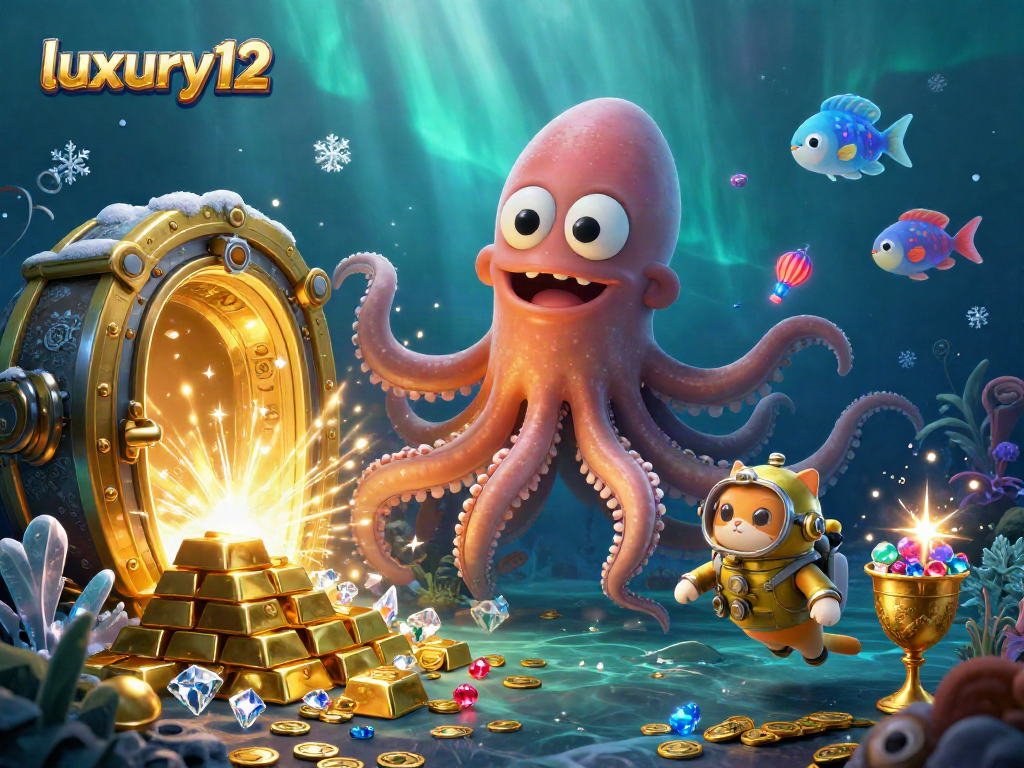 Engage with luxury12 in a vibrant casino-themed underwater illustration showcasing a kraken and diving cat.