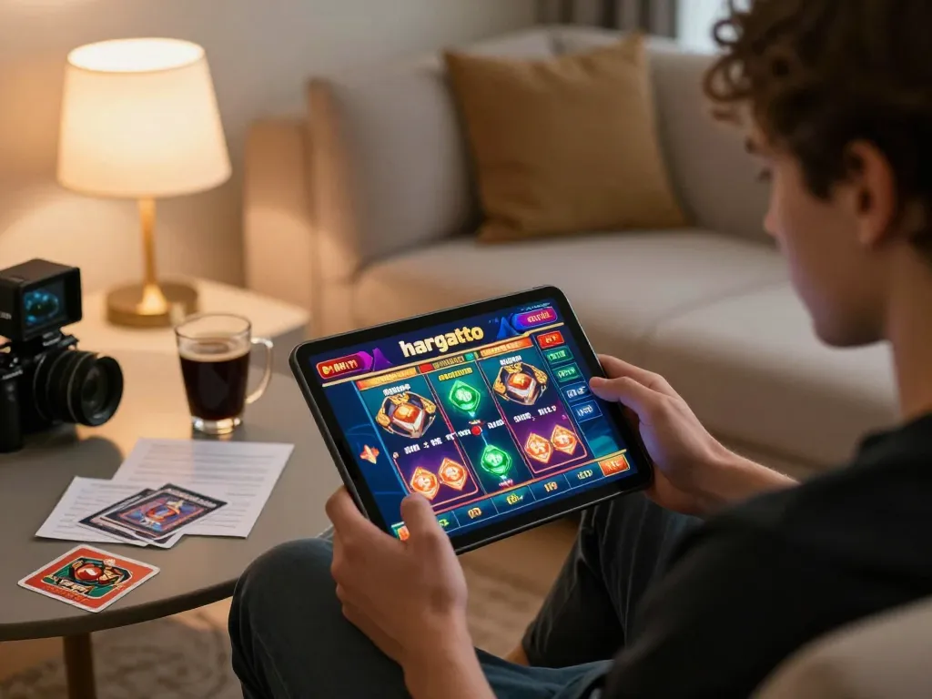 Engaging gameplay at hargatoto online casino displayed on tablet in cozy home environment.