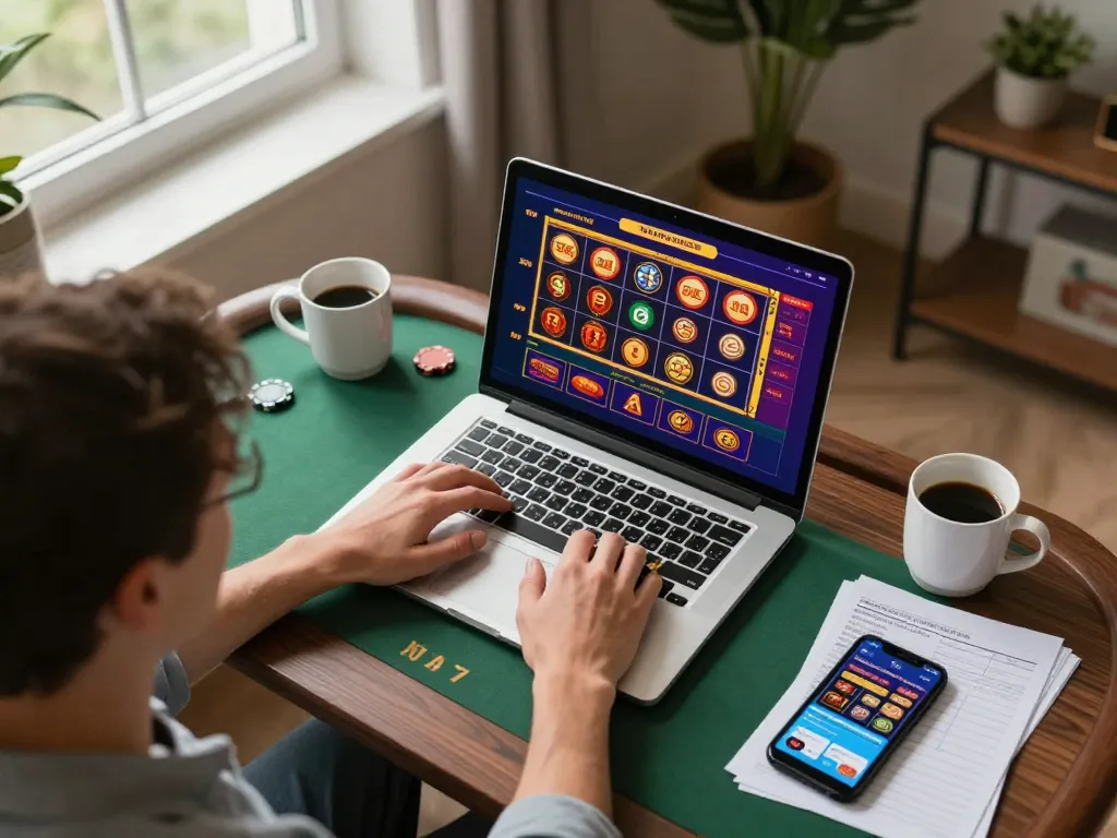 Engaging in online gameplay at home, DAFTAR IDNSCORE through various casino games and strategy notes visible.