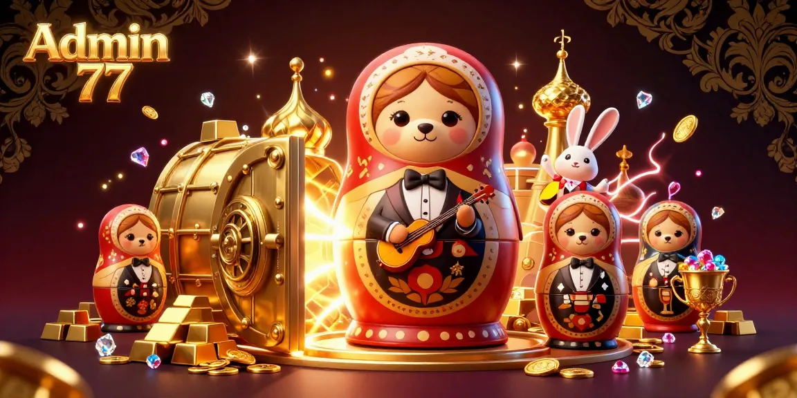 Admin 77 showcases vibrant 3D illustration of bears in casino attire interacting in a treasure-filled environment.