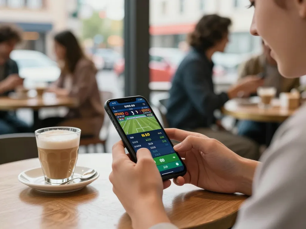 LGO GOAL sports betting via smartphone at café table, capturing live odds excitement.
