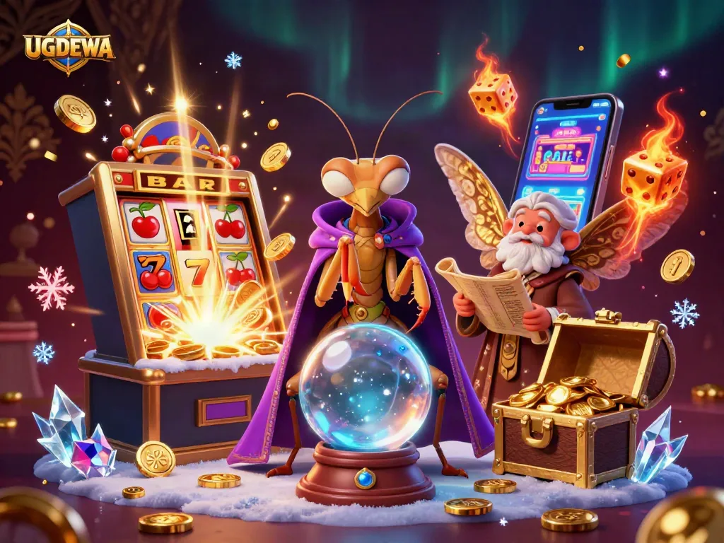 Experience winning at UGDEWA with a vibrant 3D casino scene featuring colorful slot machines and magical characters.