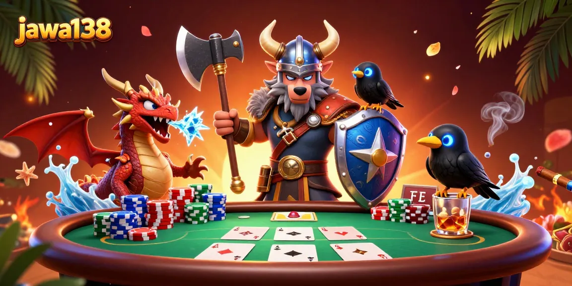 jawa138 menampilkan ilustrasi tiga karakter dalam suasana kasino dengan poker, chip, dan elemen dinamis lainnya