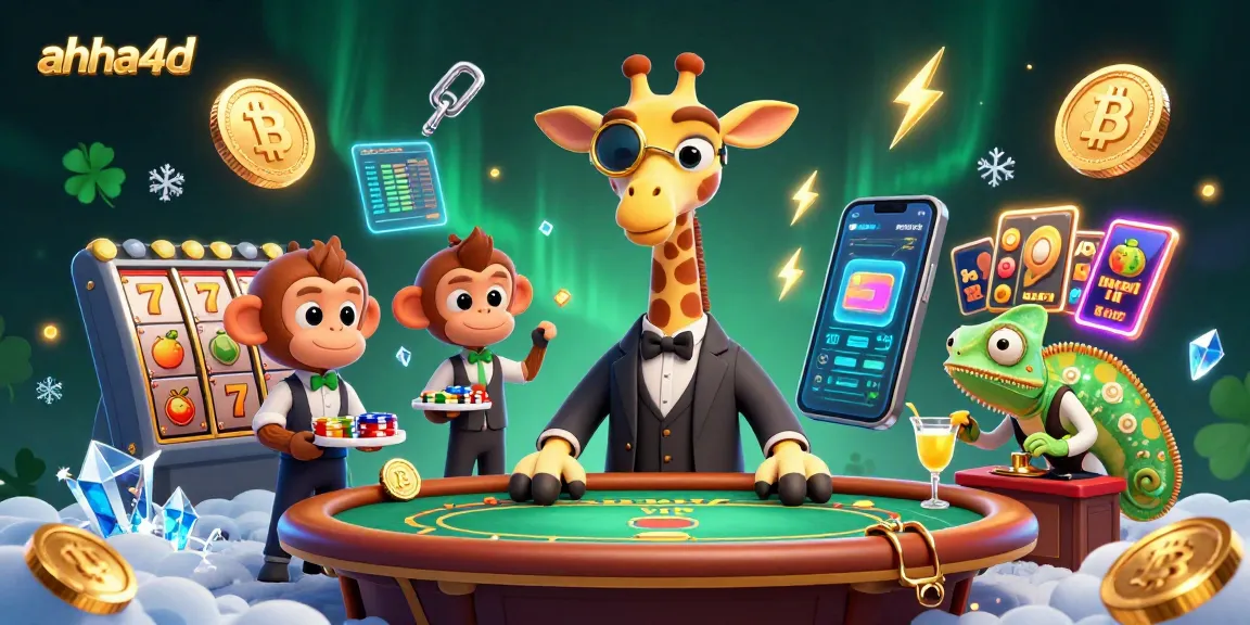Play exciting lottery games with ahha4d, featuring vibrant characters like a giraffe and monkey in a lavish casino.