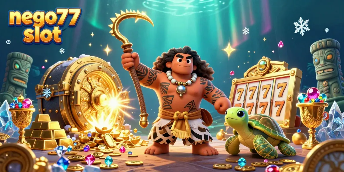 Experience the exciting world of nego77 slot with a dynamic 3D illustration of a demigod and treasures.
