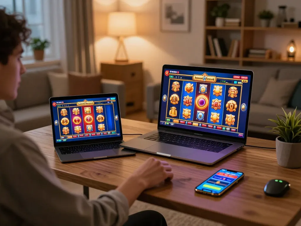 Bermain permainan slot gacor di laptop di rumah selama malam permainan yang nyaman.