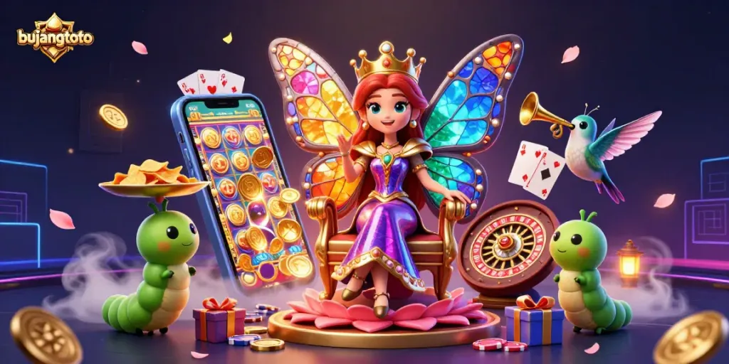 Bujangtoto's interactive gaming experience features a butterfly queen amidst vibrant casino elements.