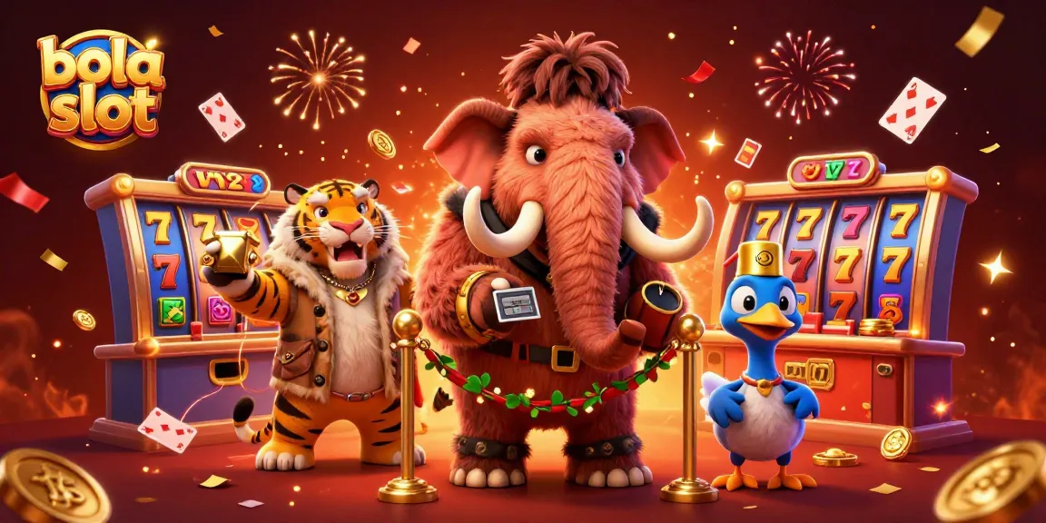Experience the thrilling bola slot atmosphere with a 3D illustration featuring colorful slot elements and lively characters.