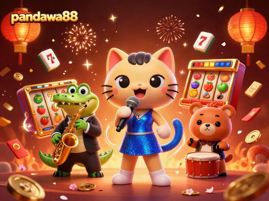 Gambaran pandawa88 menampilkan suasana ceria kasino dengan karakter hewan di panggung.
