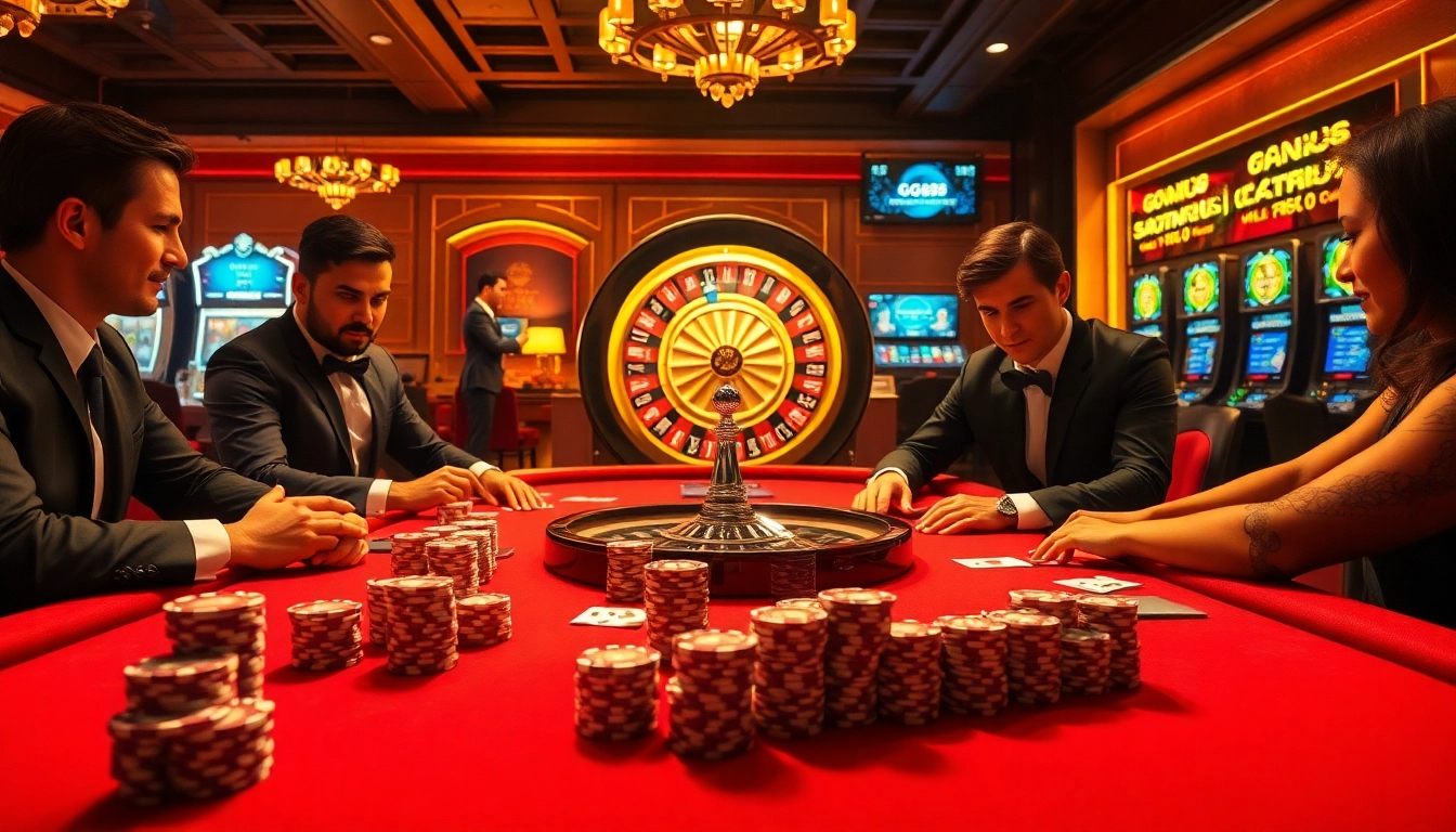 Gamblers placing bets at https://gg88.ltd/ poker table with vibrant chips and roulette wheel.