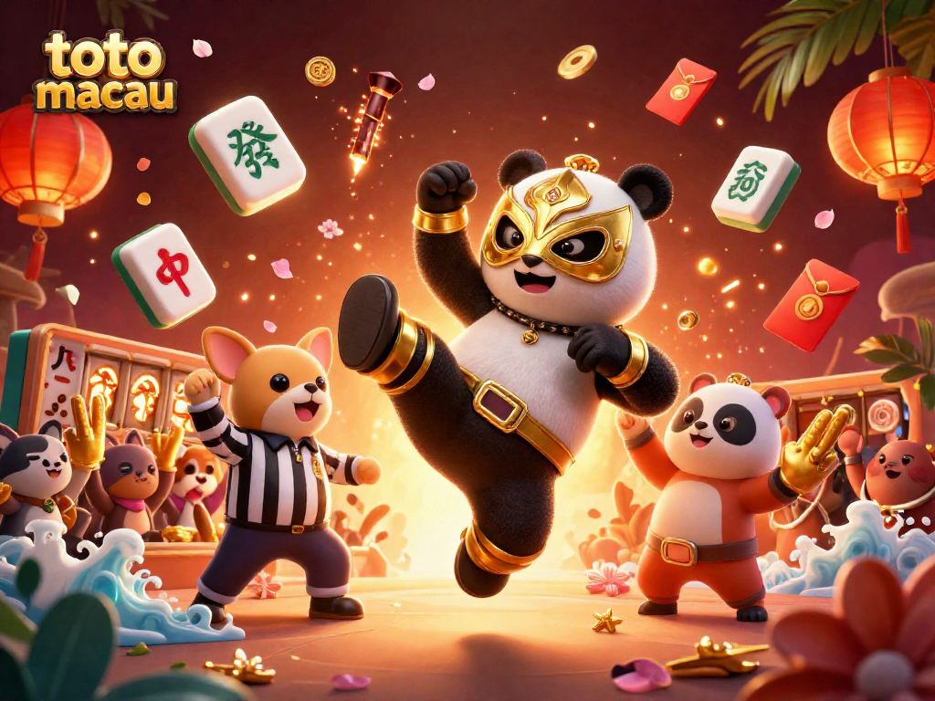 Gambarkan momen seru di Toto Macau dengan panda pegulat menerkam di atas slot, dikelilingi penonton hewan.