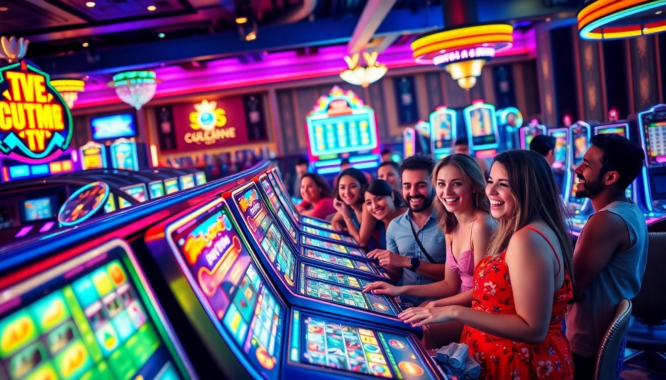 Mesin slot berwarna-warni dalam suasana kasino yang semarak dengan pemain yang bersenang-senang.