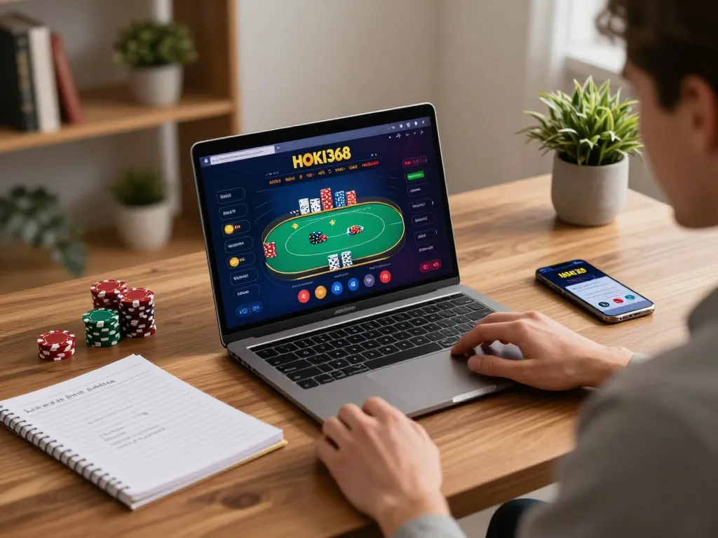 Pemain HOKI368 menempatkan chip secara strategis dalam permainan poker daring di meja bergaya.