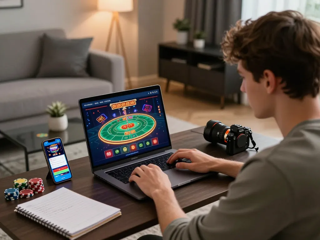 Engaging in online gaming at home with tr88 app displayed on laptop, showcasing a strategic gambling setup.