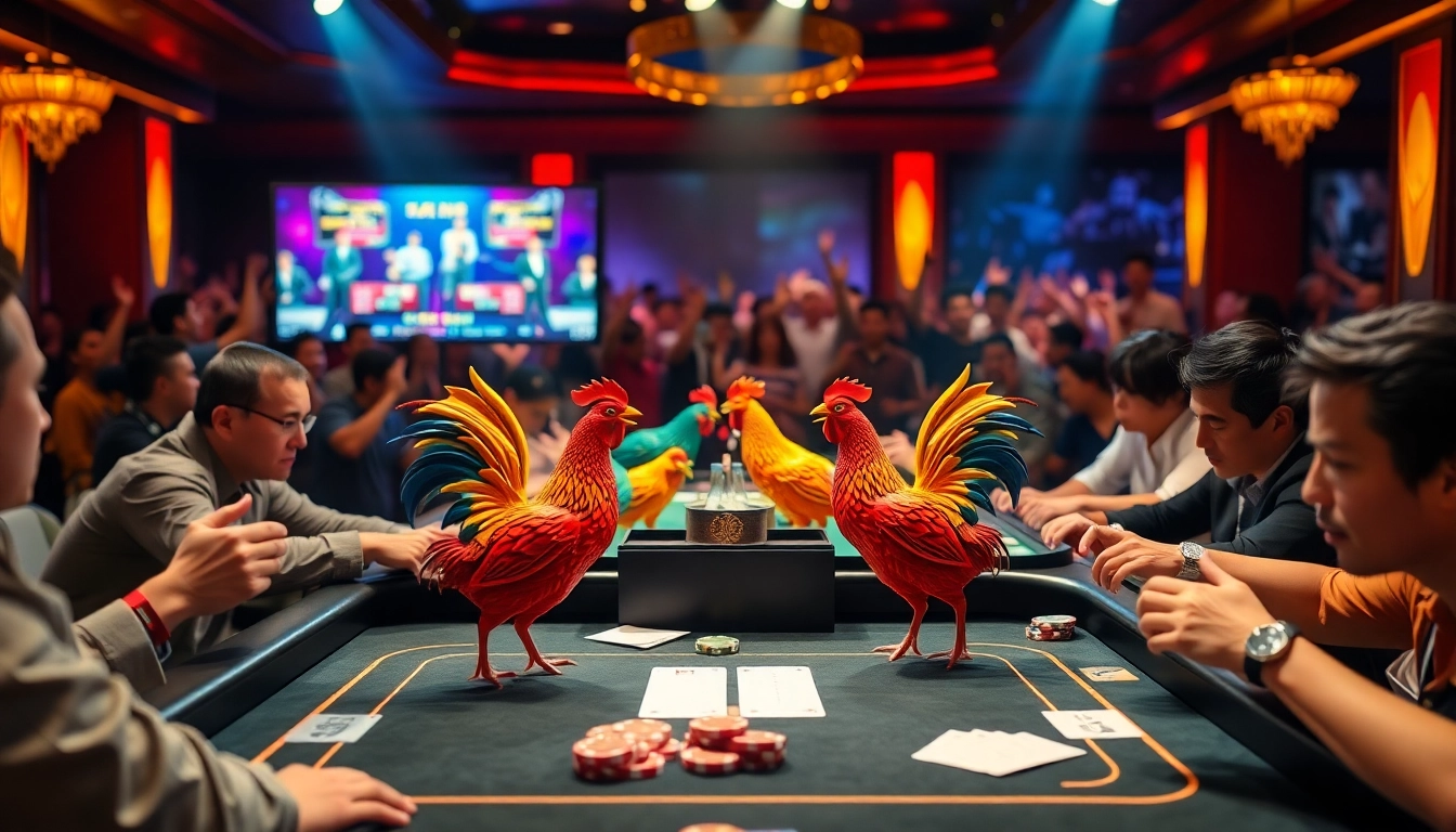 Engaged gamblers placing bets on đá gà trực tiếp thomo with full HD screens displaying live matches.