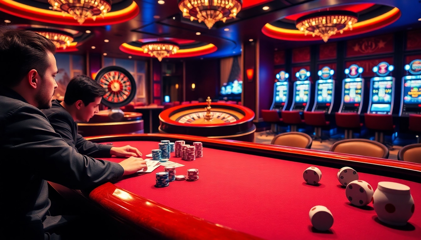 Experience the excitement of gambling at https://mm88.press/ with a luxurious casino scene showcasing poker and roulette action.