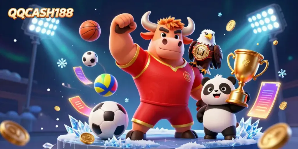 Celebrate winning moments in QQCASH188 with a dynamic 3D scene featuring a bull mascot, eagle, and panda with trophies.