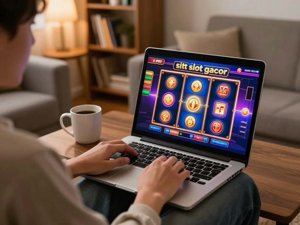 Engaging scene of online gaming with situs slot gacor experience on a laptop, warm cozy setting.