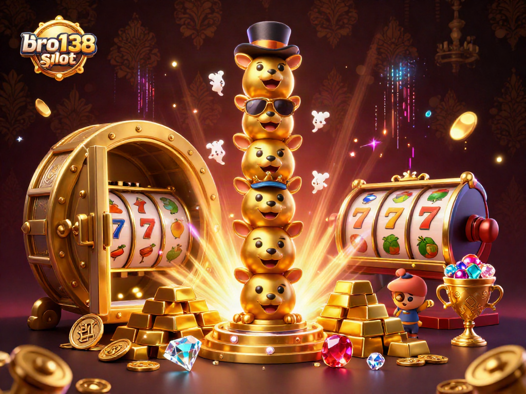 Experience the thrilling bro138 slot with a vibrant 3D illustration featuring animated elements and casino symbols.