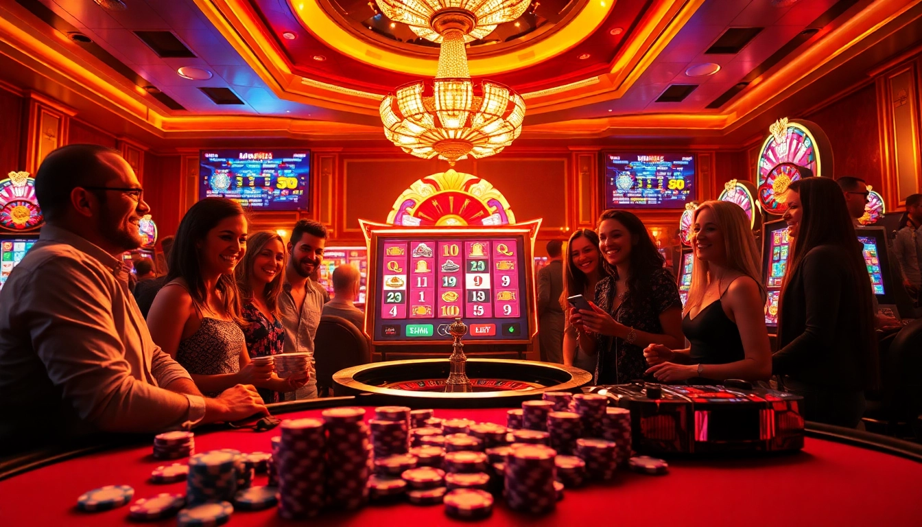 Players enjoying the idnslot experience at a vibrant casino, surrounded by colorful chips and a spinning roulette.
