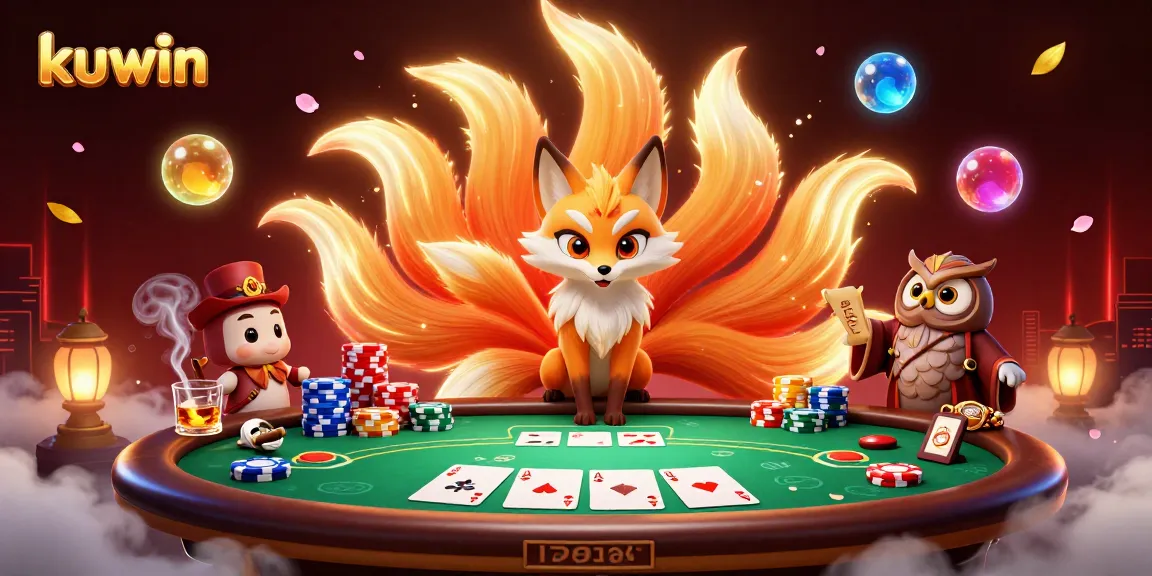 Kuwin showcases a vibrant scene of a nine-tailed fox spirit and wise owl sage at a poker table, surrounded by colorful game elements.
