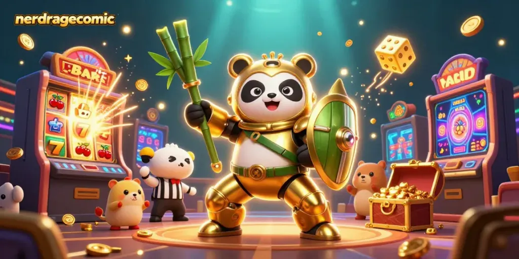Kombinasi menarik dari nerdragecomic dengan panda emas dan elemen kasino, slot dan koin berjatuhan