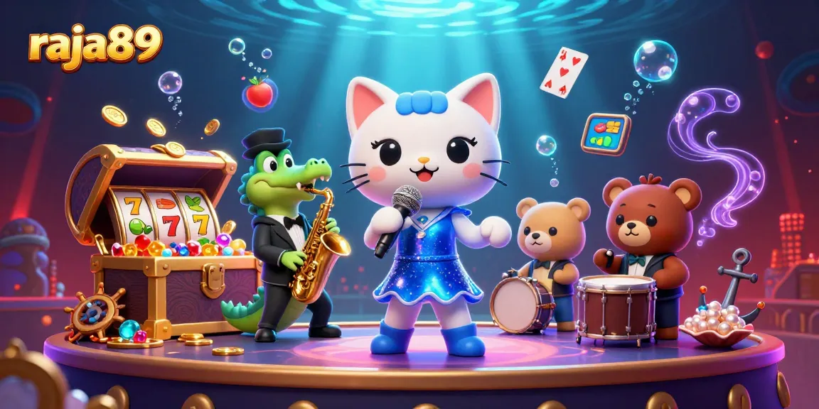 Engage with raja89's vibrant casino scene featuring a jazz-singer cat and gaming elements.