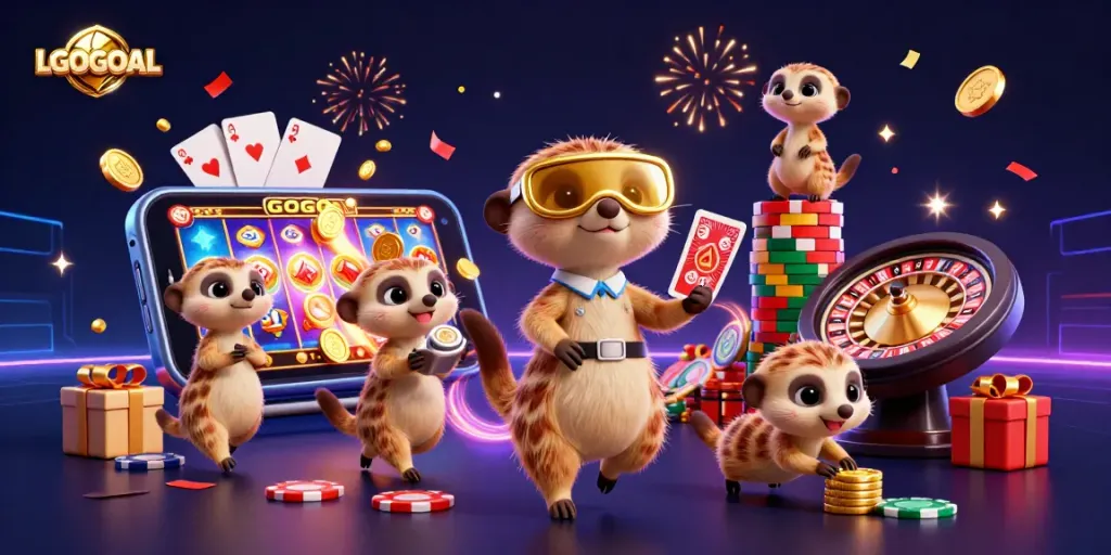 Engage with LGOGOAL's thrilling online gaming experience featuring animated meerkats in a vibrant casino setting.