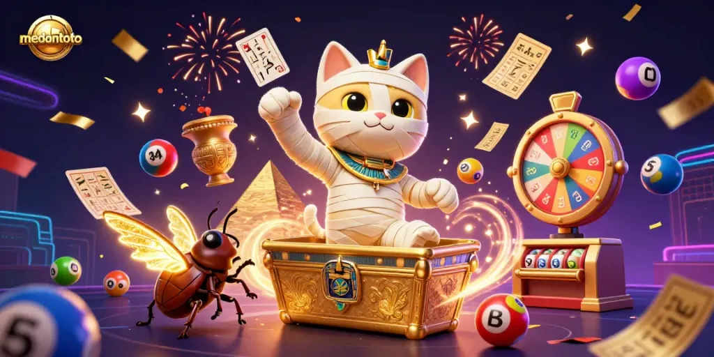 Menghadirkan medantoto, kucing mummy bernyawa keluar dari sarcophagus emas, dikelilingi bola lotere yang berwarna-warni dan kartu permainan hieroglif.