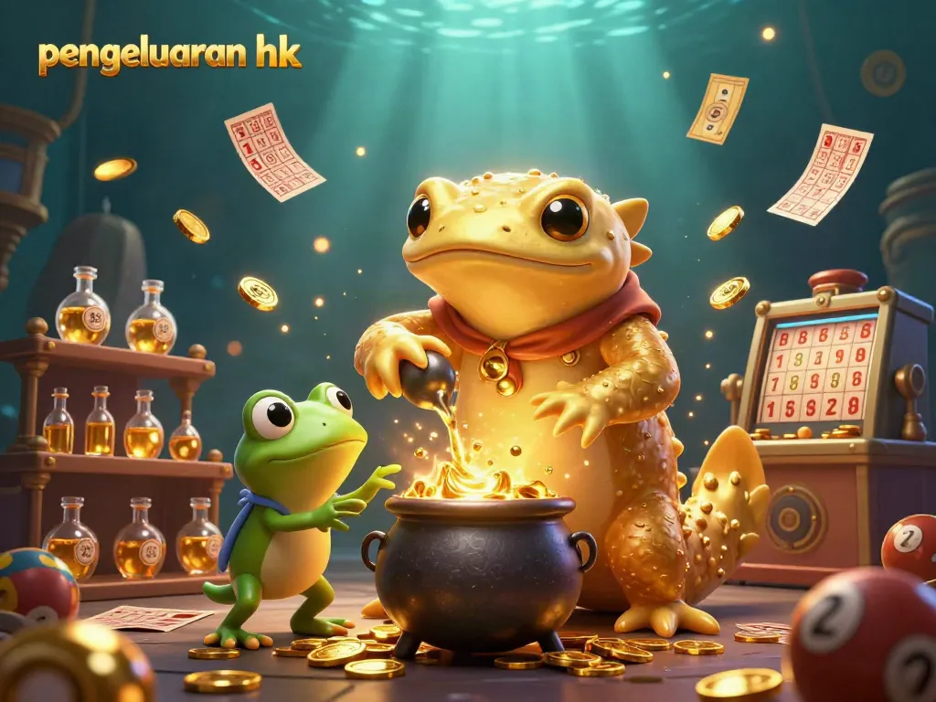 Mengikuti pengeluaran hk terkini dengan ilustrasi alkimia berwarna cerah dan elemen lotere.