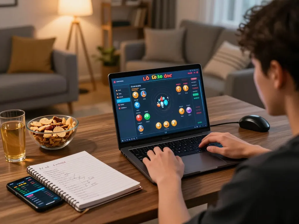 Engaging in lô đề online betting at home with a laptop and strategic notes