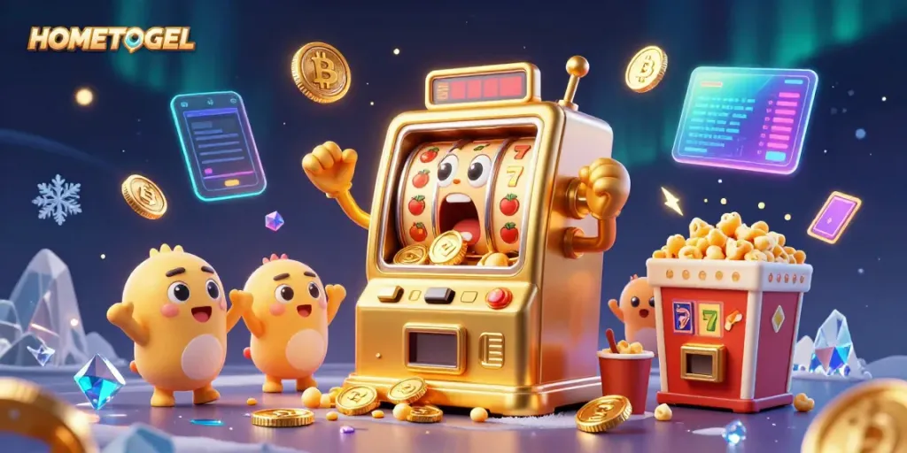 Experience the thrill of HOMETOGEL with a golden slot machine celebrating a jackpot win amid cheering toys and coins.