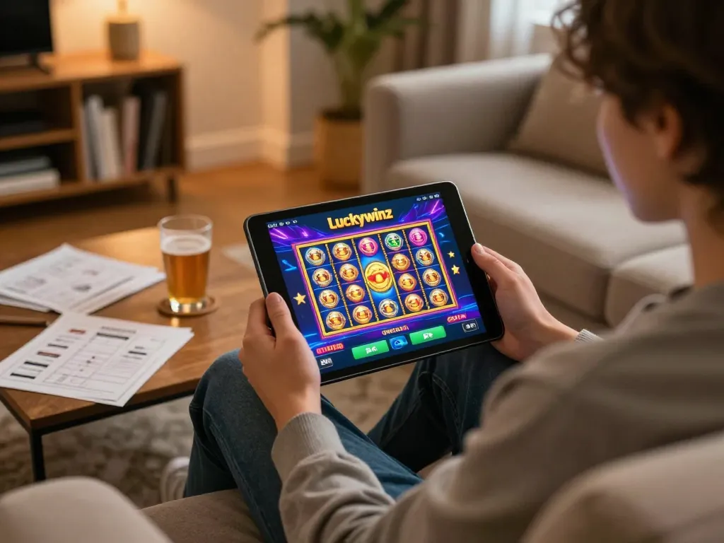 Engaging gameplay on Luckywinz mobile app with a player strategizing in a cozy living room.