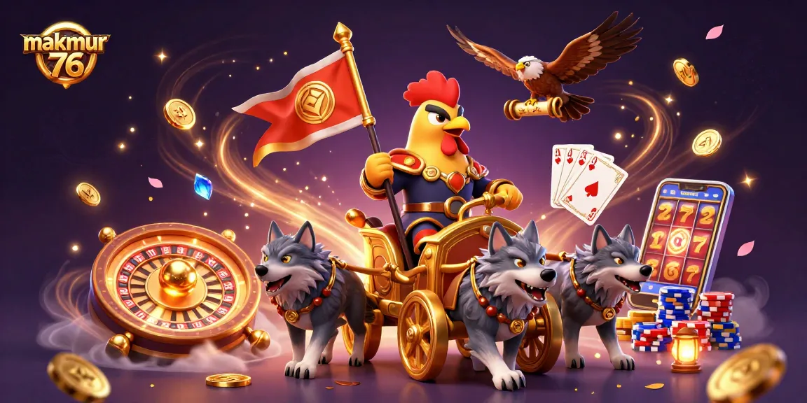 Experience winning thrills with makmur 76, featuring an epic rooster warlord amidst sparkling casino action.