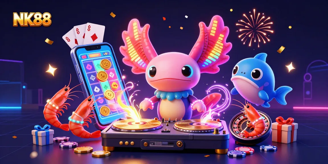 Engage with NK88's vibrant gaming scene, featuring a neon axolotl DJ amidst exciting slot games and festive elements.