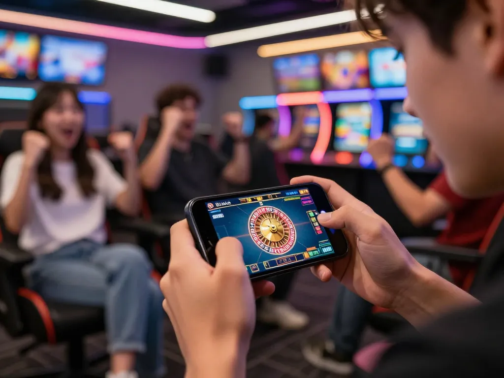 Engage in thrilling game online with a smartphone in a vibrant casino atmosphere
