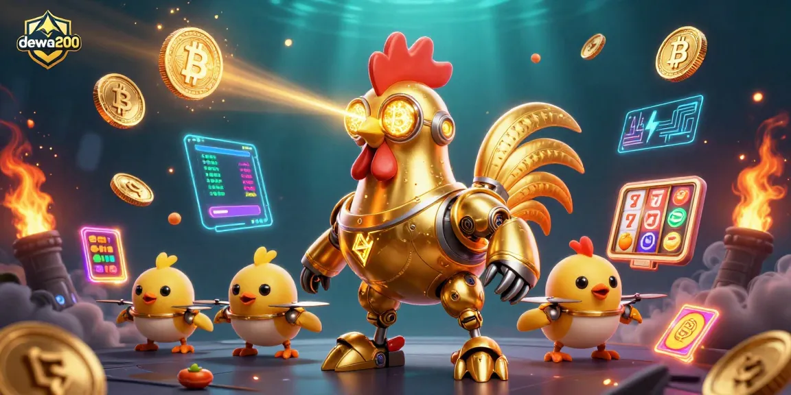 Robo ayam emas dewa200 mengukir pola sambil dikelilingi simbol slot dan koin crypto.