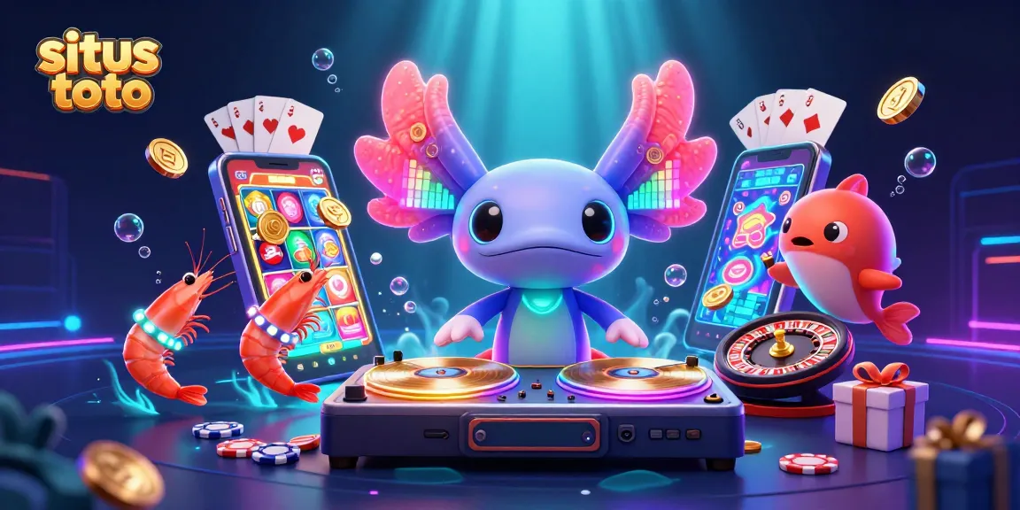 Visualisasi situs toto dengan DJ axolotl neon dan berbagai elemen kasino yang berkilauan.