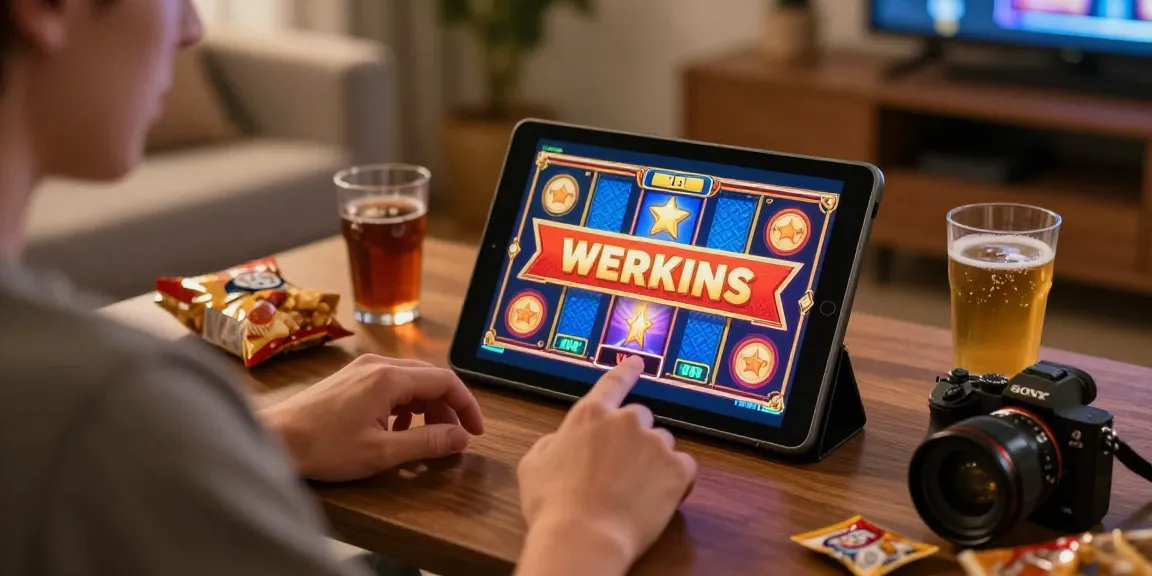 Penempatan slot depo 5k yang menampilkan seseorang bermain slot online di tablet dengan cahaya hangat dan suasana yang menyenangkan.