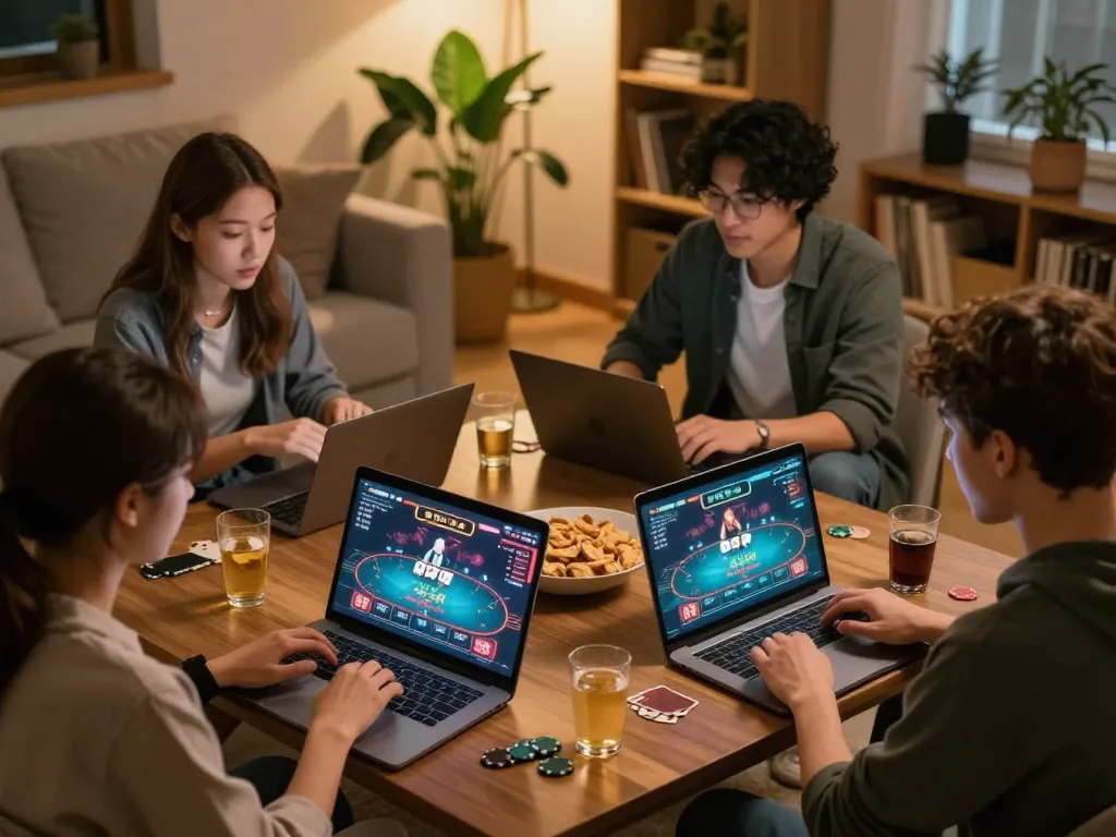 Engaging online poker game session showcasing slot macau resmi on laptop screen with friends in a cozy living room.