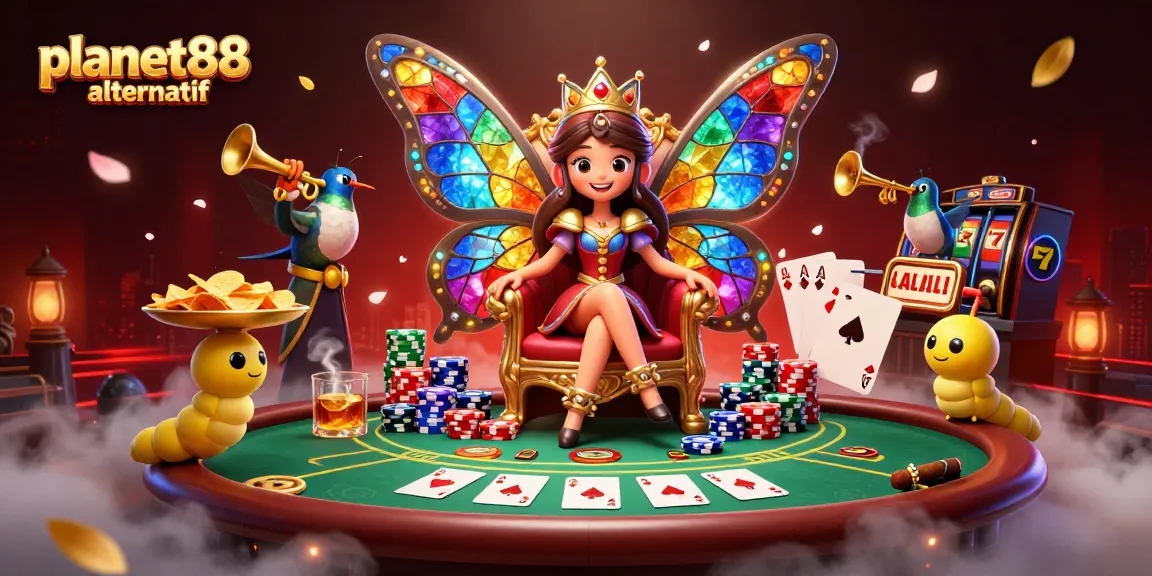 Join the fun at planet88 alternatif, where a vibrant butterfly queen oversees a bustling casino scene.