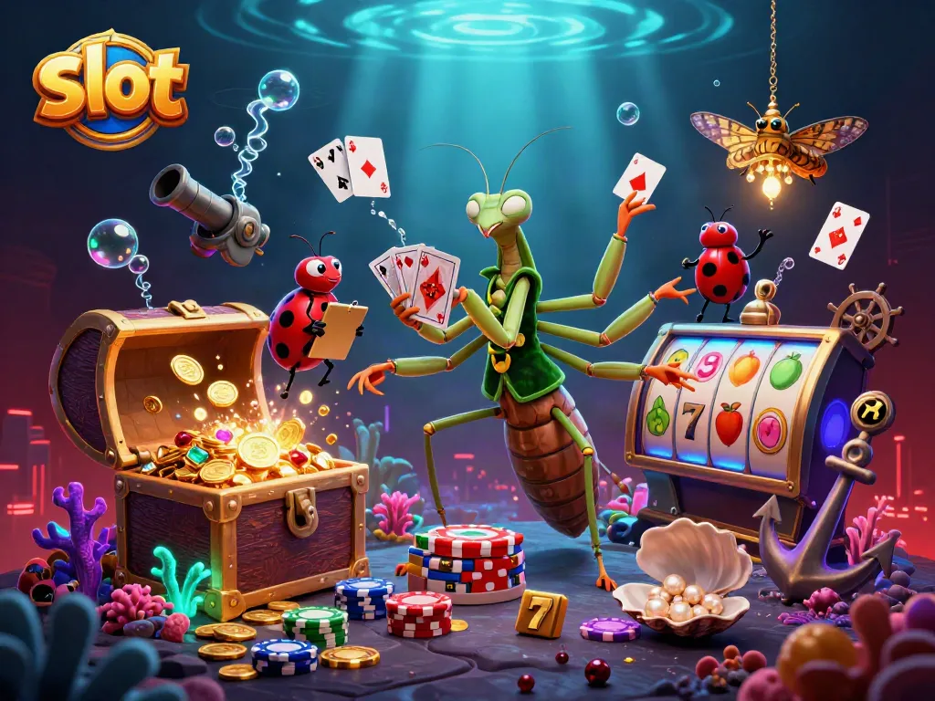 Slot menarik dengan karakter kartun dan elemen kasino yang menonjol di bawah cahaya neon.