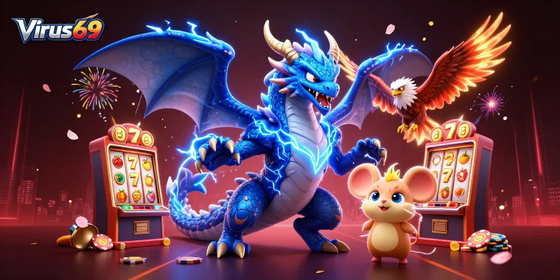 Experience the thrill of online slots at Virus69 with vibrant casino elements and dynamic characters.