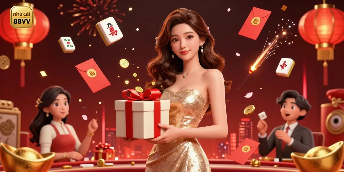 nhà cái 88VV presents a rich Lunar New Year casino scene with an Asian model and festive elements.