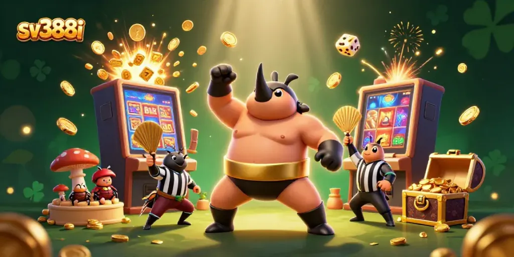 Experience thrilling wins at sv388i with a dynamic casino scene featuring a beetle champion and vibrant game elements.