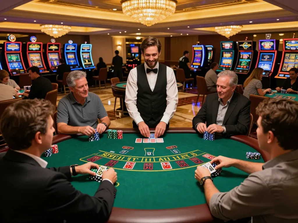 KADAL 778 blackjack table filled with players and vibrant chips in a luxurious casino.