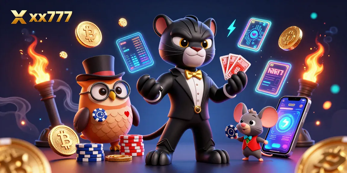 Engage with xxx777 casino offerings as a stylish black panther deals cards among crypto coins and lucky symbols.