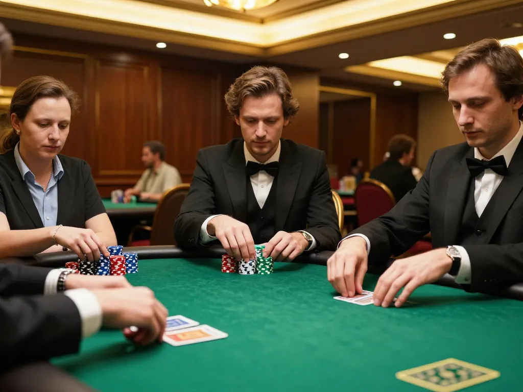 Experience high-stakes poker play at UU88 link with focused players and stacks of chips.